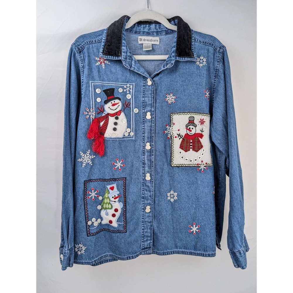 Vintage 90s Holiday Embroidered Denim Shirt Size L Christmas Snowman Snowflake